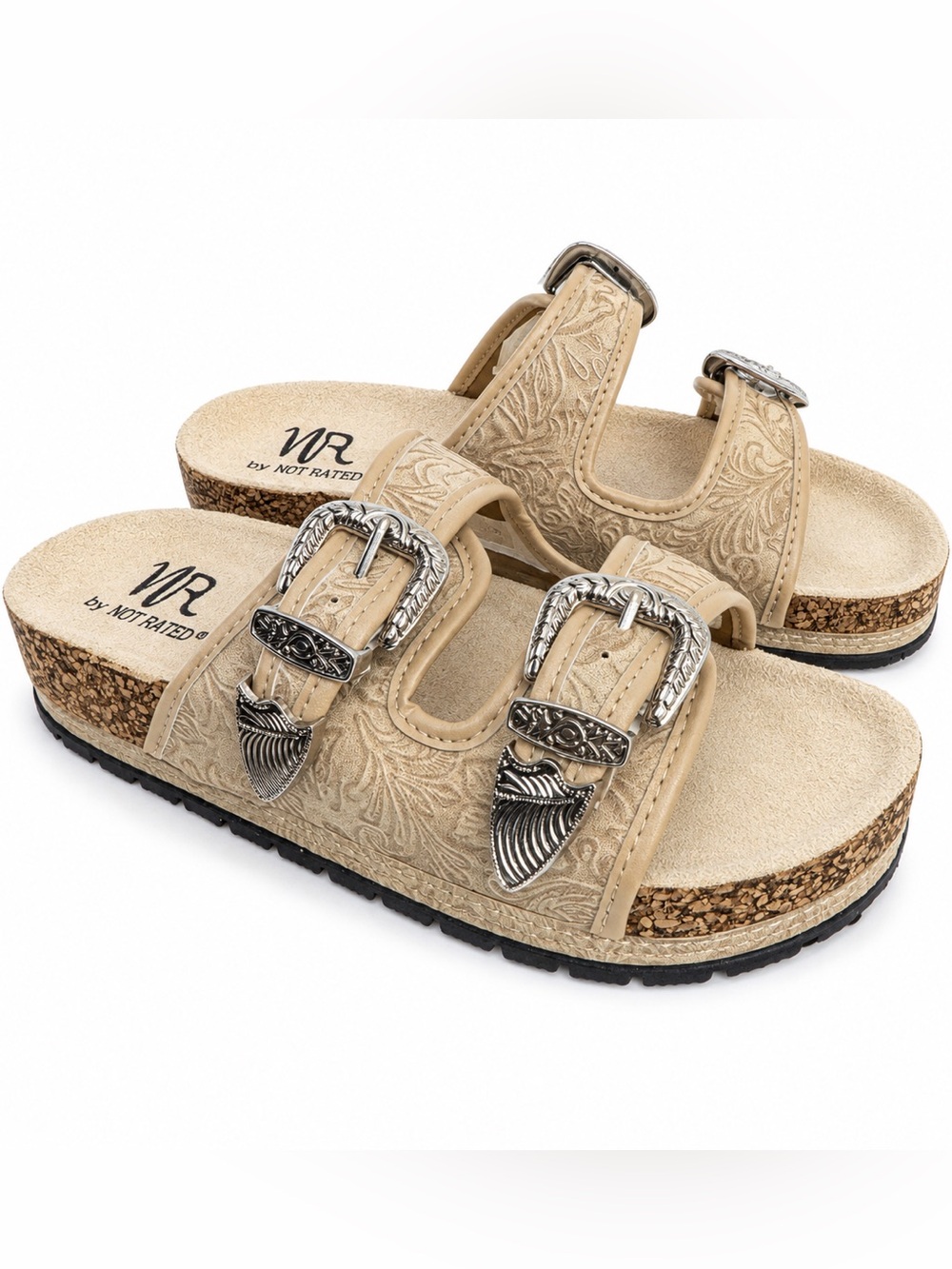Not Rated Morgana Cream Beige Embossed Western Slide Sandals with Silver Buckles